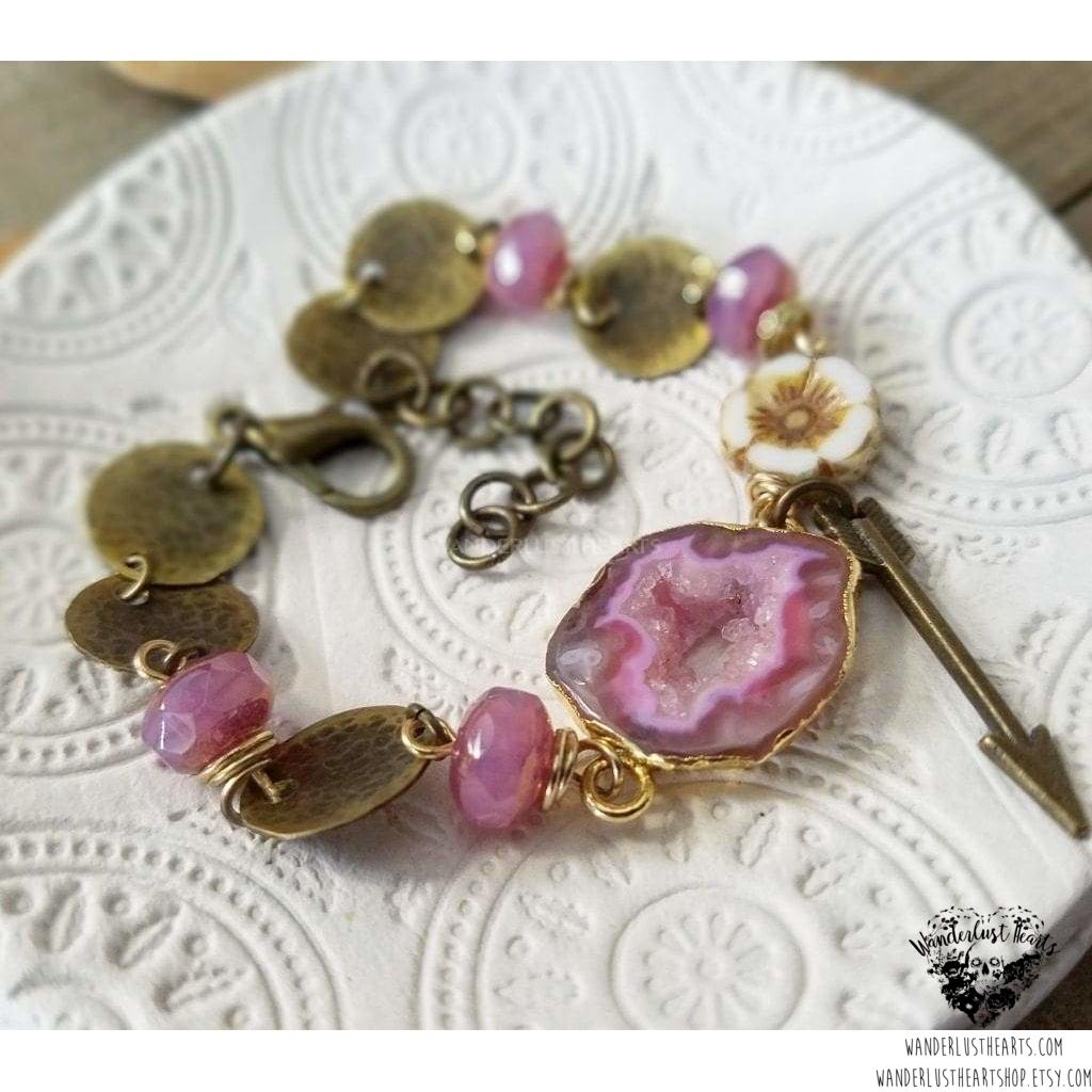 Pink Druzy bracelet | Hammered brass-Wanderlust Hearts