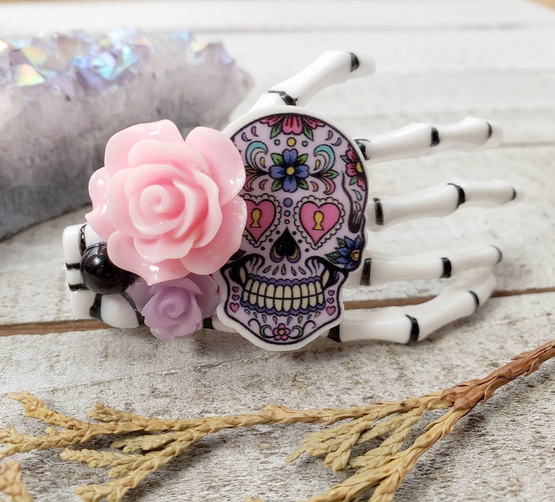 Pink/black Skeleton hand hair clip
