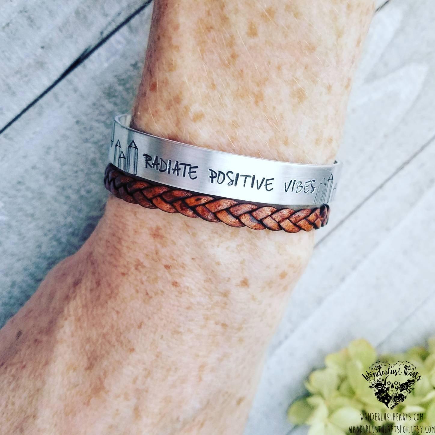 Radiate positive vibes stamped cuff bracelet-Wanderlust Hearts