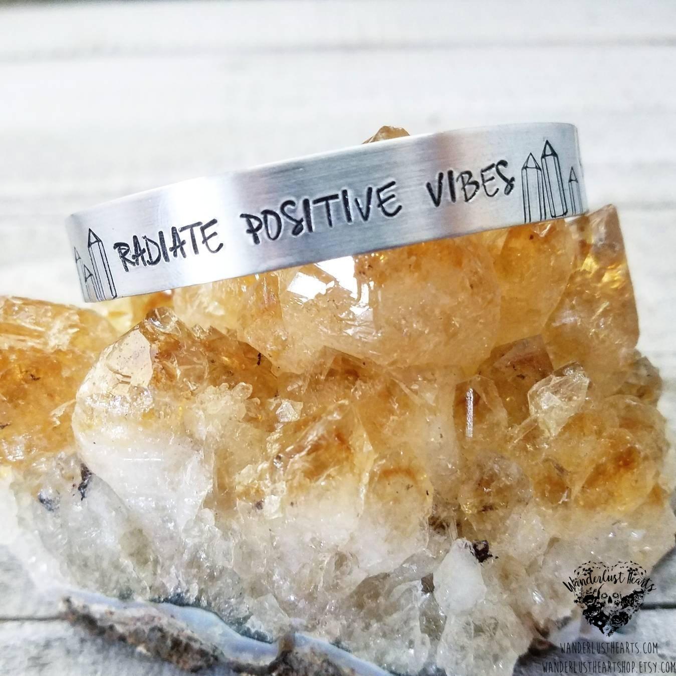 Radiate positive vibes stamped cuff bracelet-Wanderlust Hearts