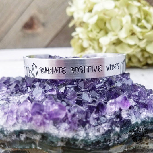 Radiate positive vibes stamped cuff bracelet-Wanderlust Hearts