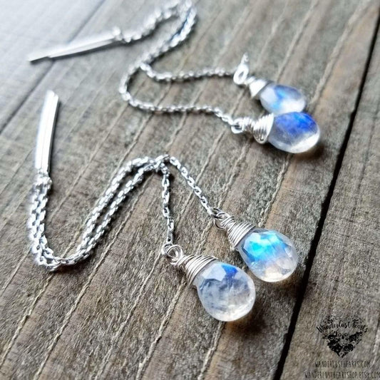 Rainbow moonstone threader earrings | .925 Sterling silver-Wanderlust Hearts