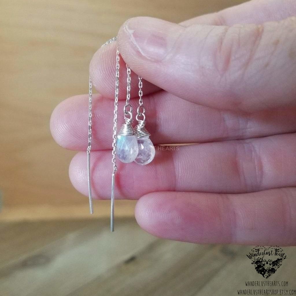 Rainbow moonstone threader earrings | .925 Sterling silver-Wanderlust Hearts