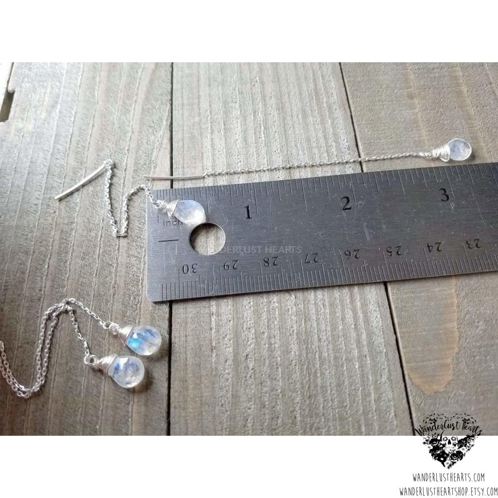 Rainbow moonstone threader earrings | .925 Sterling silver-Wanderlust Hearts
