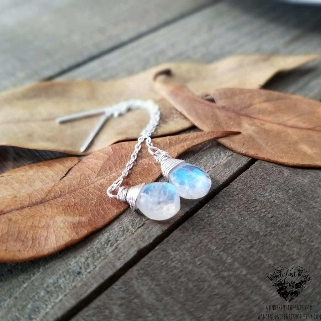 Rainbow moonstone threader earrings | .925 Sterling silver-Wanderlust Hearts