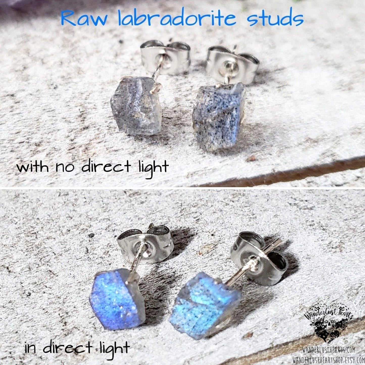 Raw Labradorite stud earrings-Wanderlust Hearts