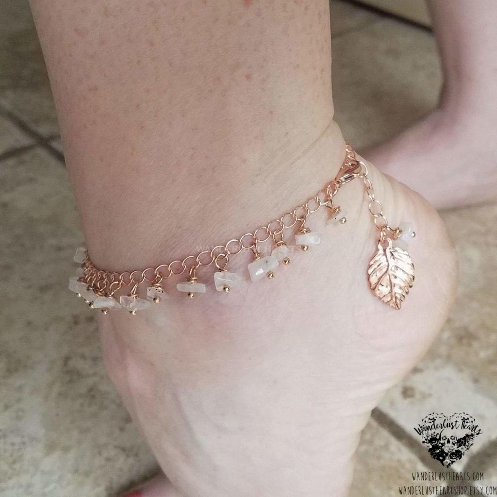 Rose gold anklet | rainbow moonstone beaded-Wanderlust Hearts