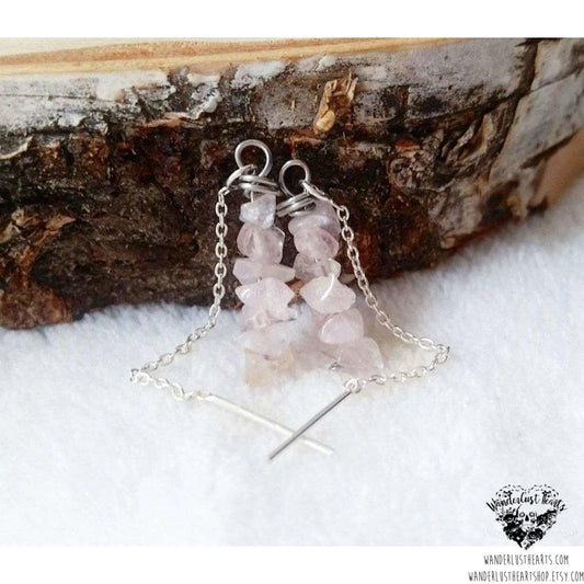 Rose quartz threader earrings | .925 sterling silver-Wanderlust Hearts