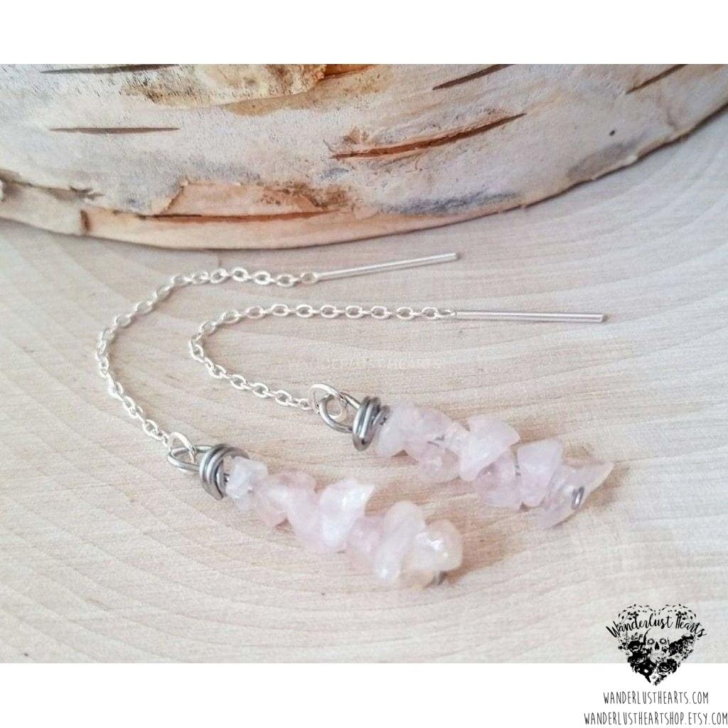 Rose quartz threader earrings | .925 sterling silver-Wanderlust Hearts