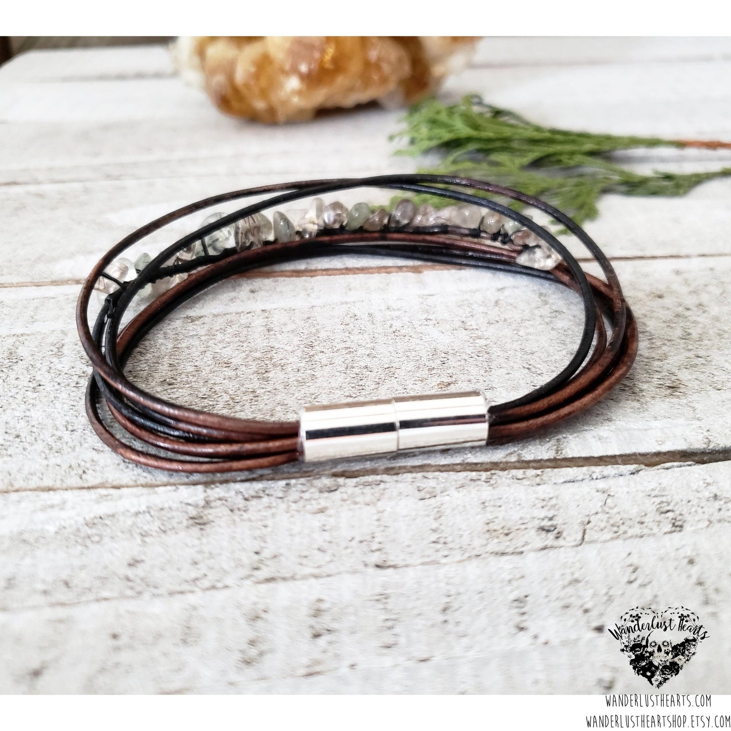 Rutilated quartz leather bracelet-Wanderlust Hearts
