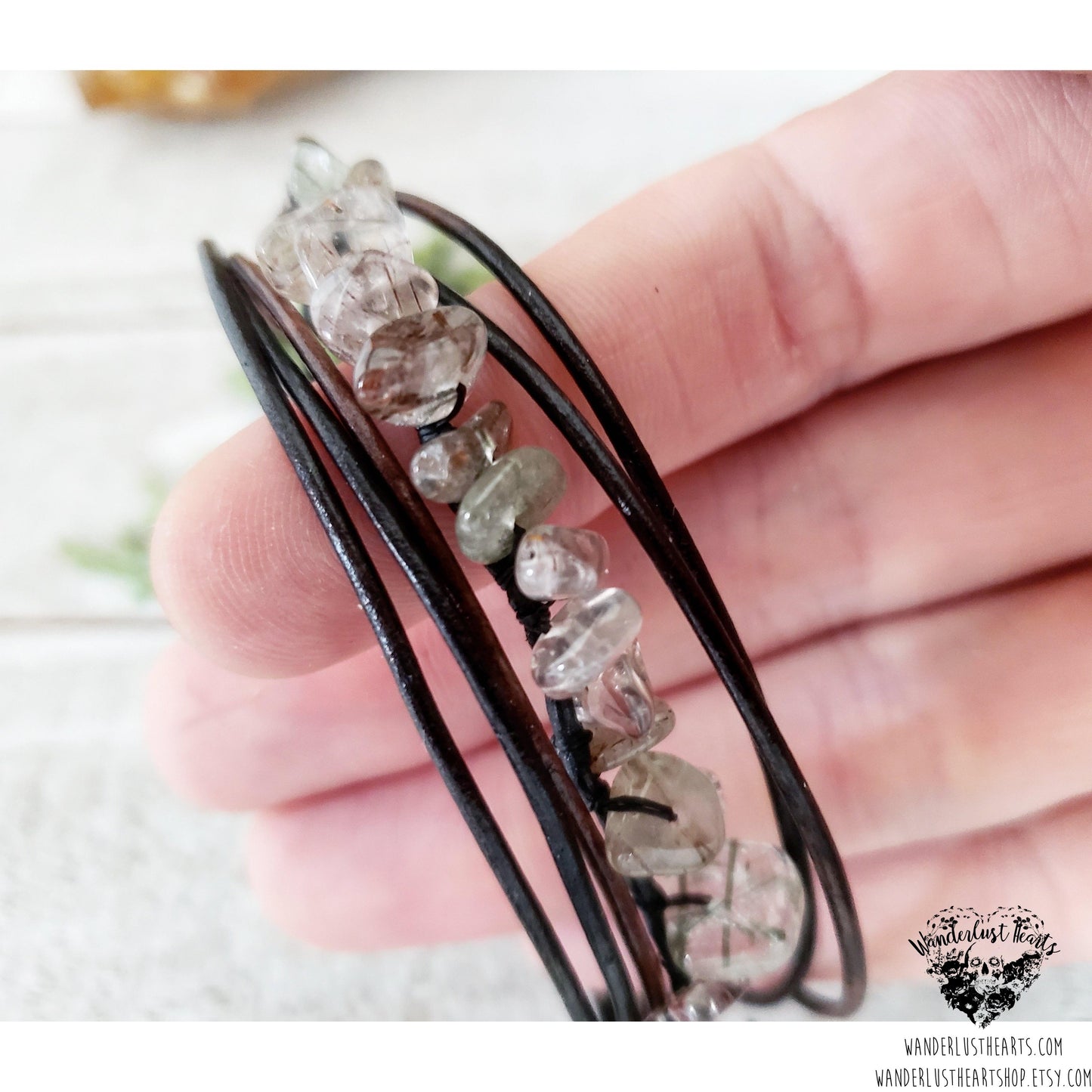 Rutilated quartz leather bracelet-Wanderlust Hearts