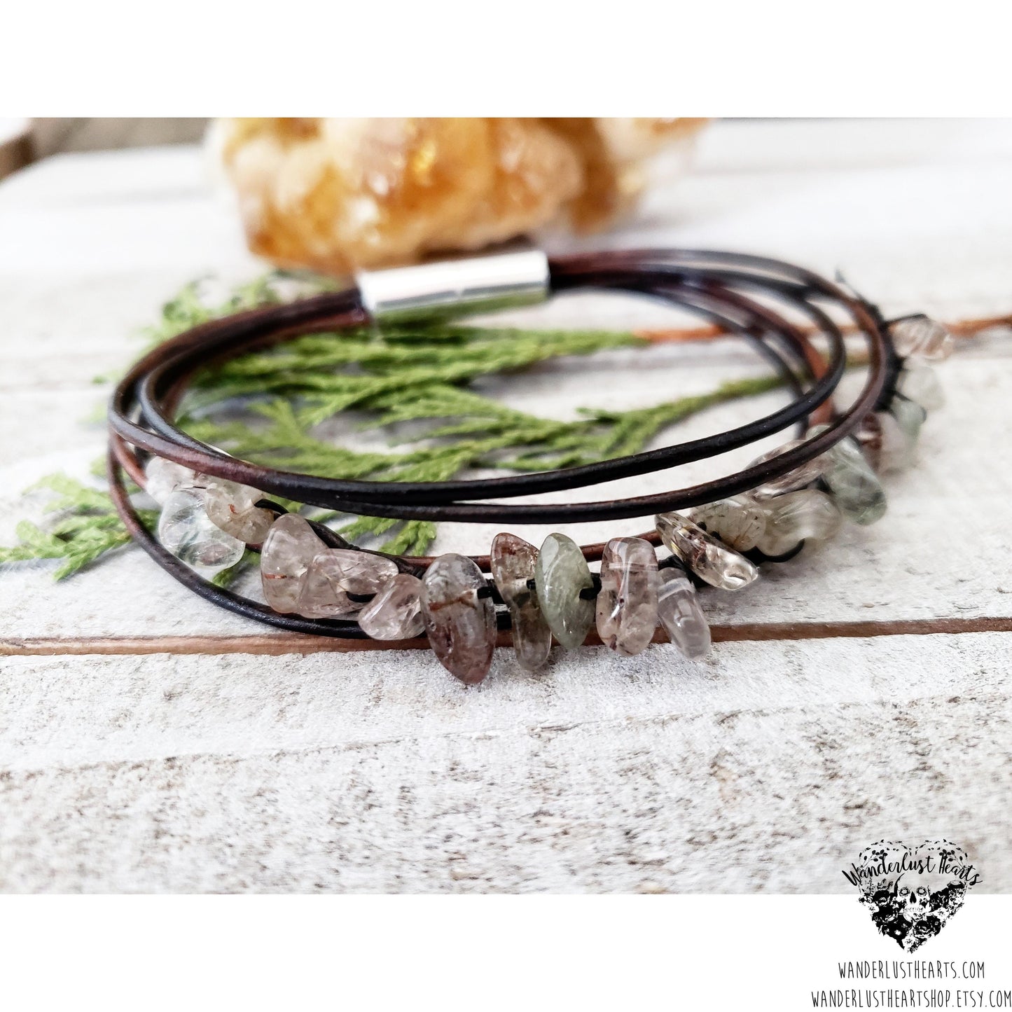 Rutilated quartz leather bracelet-Wanderlust Hearts