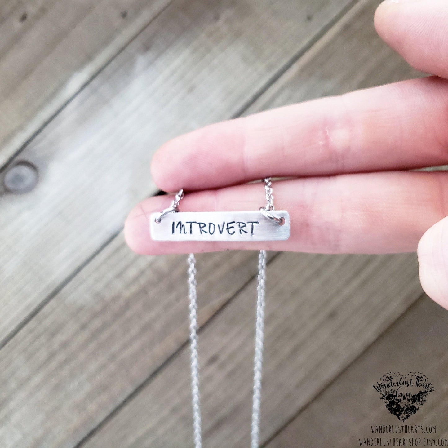 Stamped silver Introvert bar necklace-Wanderlust Hearts