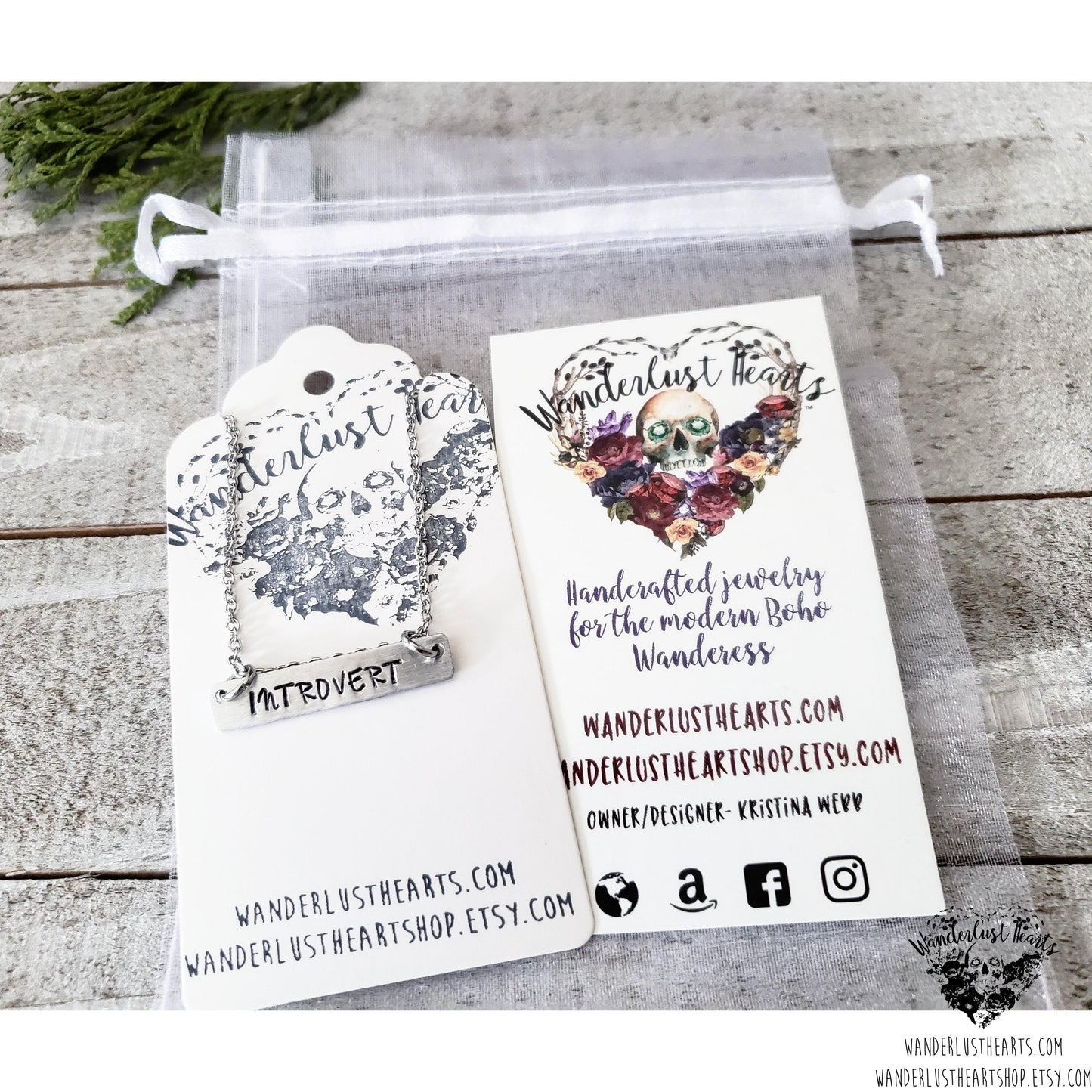 Stamped silver Introvert bar necklace-Wanderlust Hearts