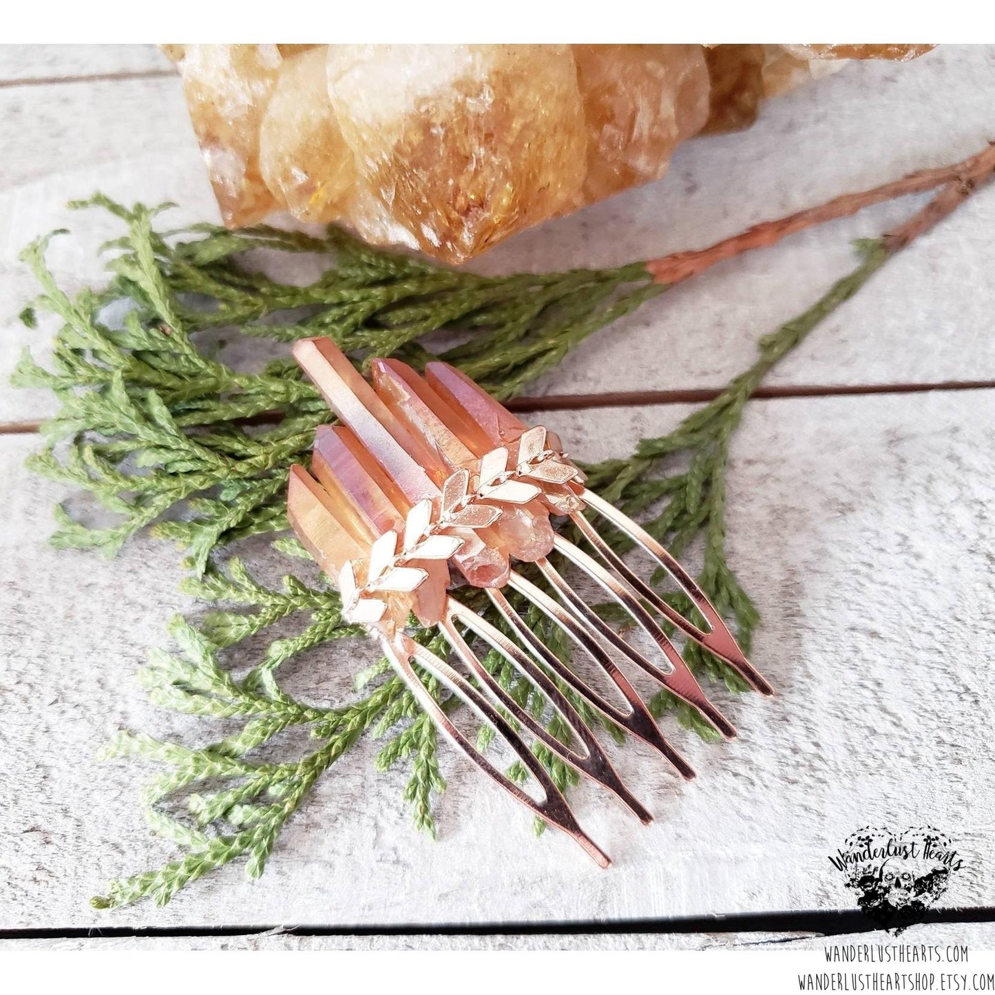 Tangerine quartz crystal Boho hair comb-Wanderlust Hearts