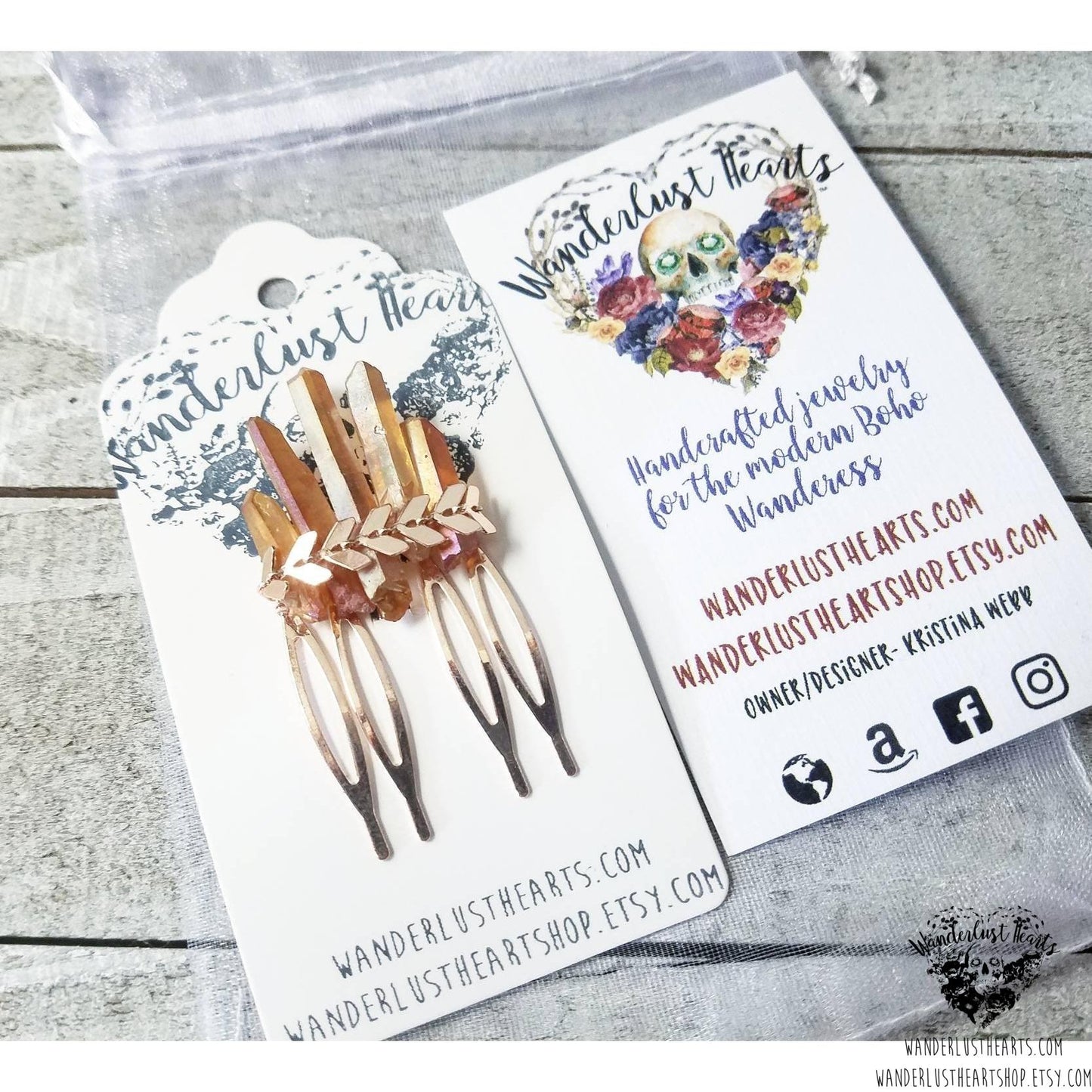 Tangerine quartz crystal Boho hair comb-Wanderlust Hearts