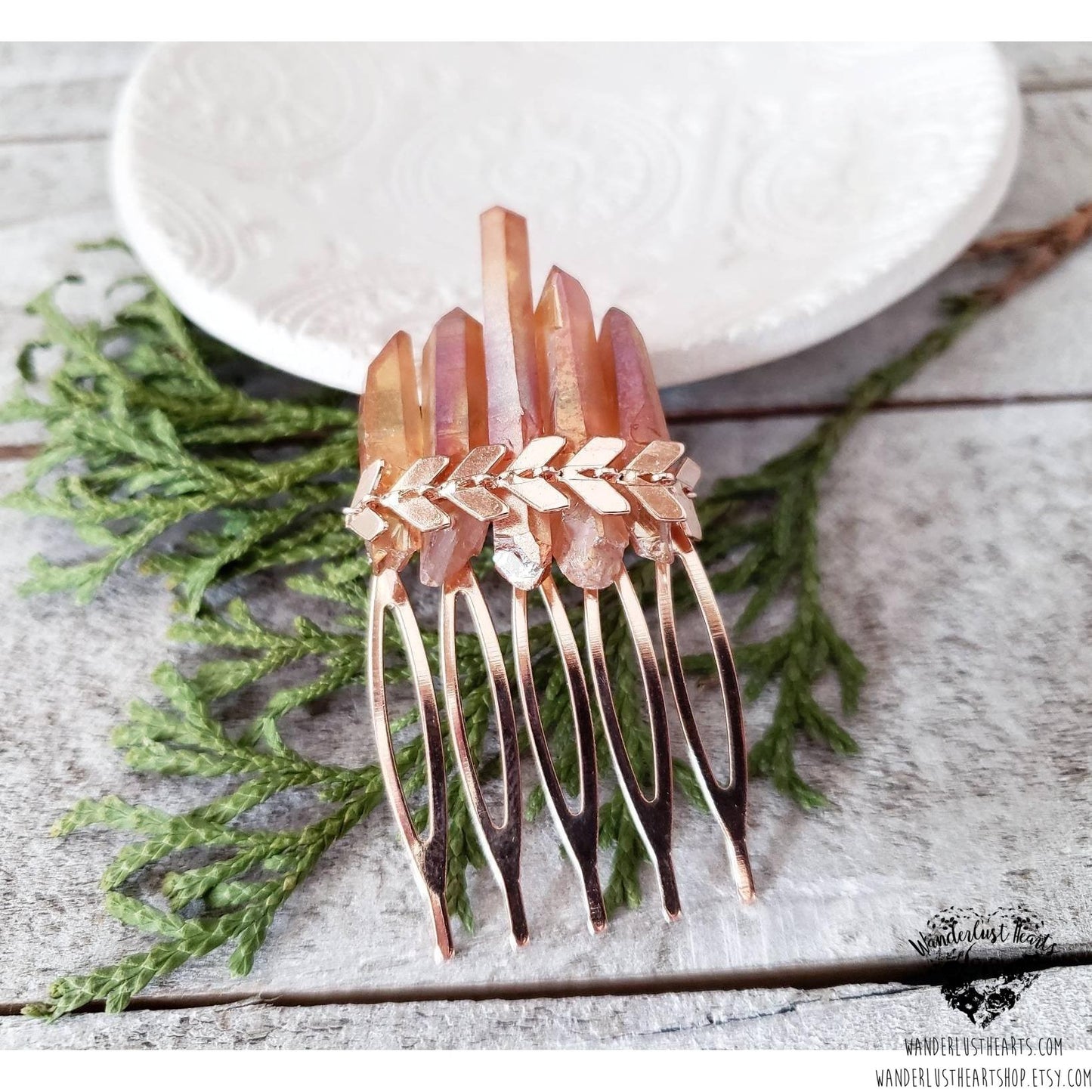 Tangerine quartz crystal Boho hair comb-Wanderlust Hearts