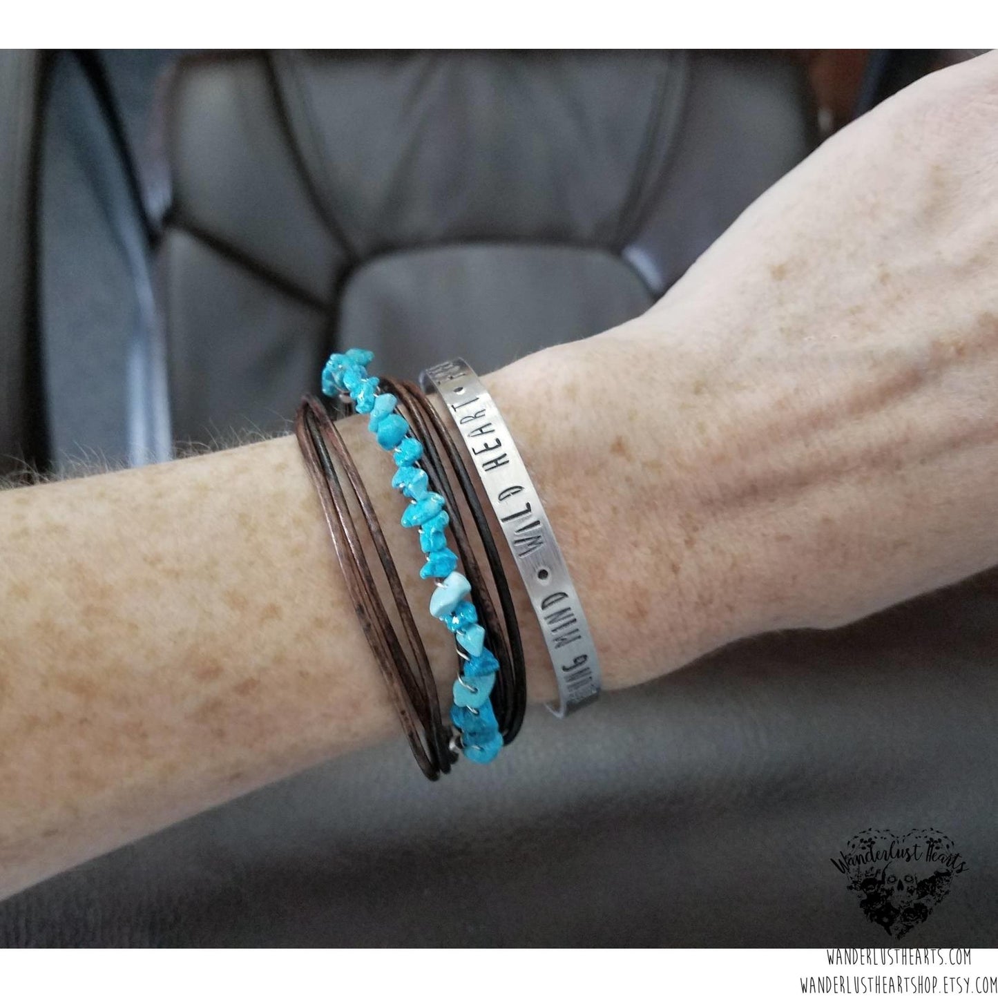 Turquoise leather layer bracelet-Wanderlust Hearts