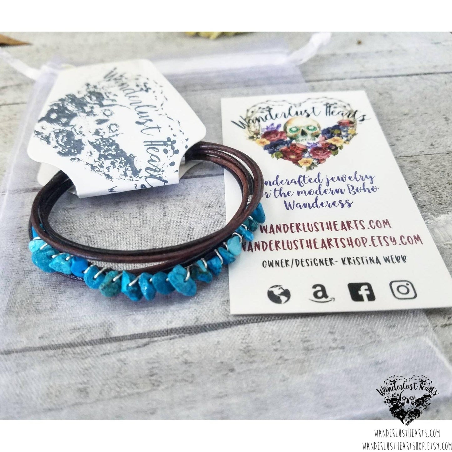 Turquoise leather layer bracelet-Wanderlust Hearts