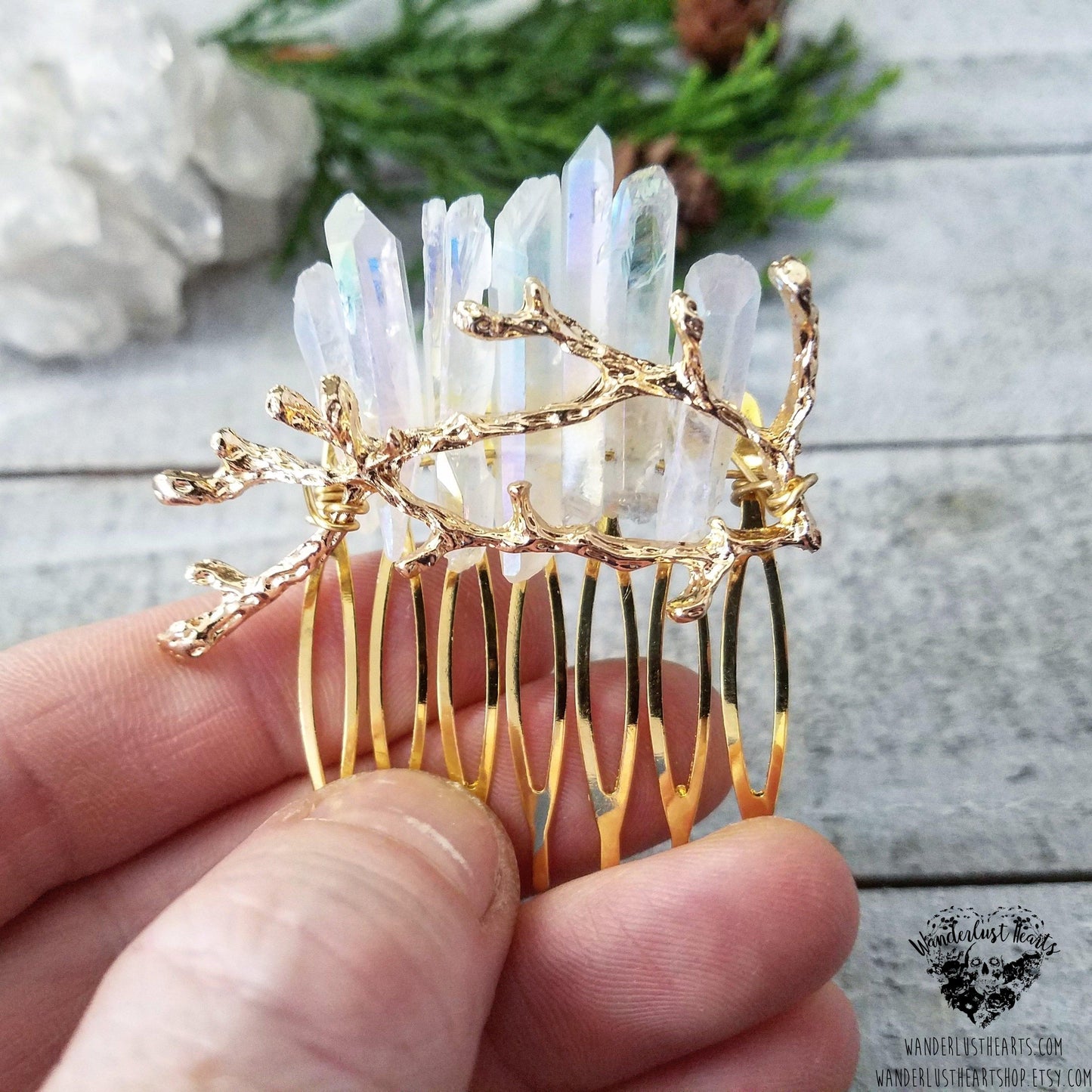 Winter Aura quartz hair comb-Wanderlust Hearts