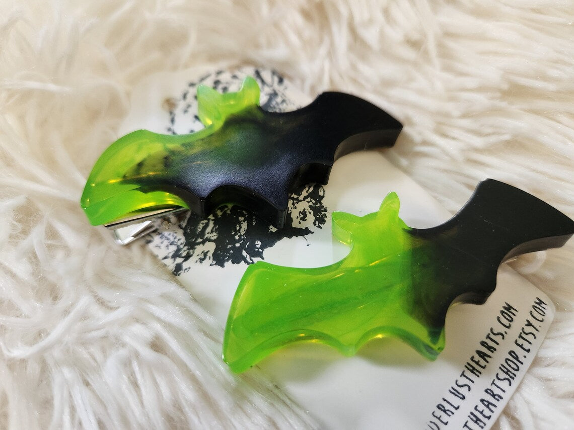 Toxic green goth bat hairclips 2PC set