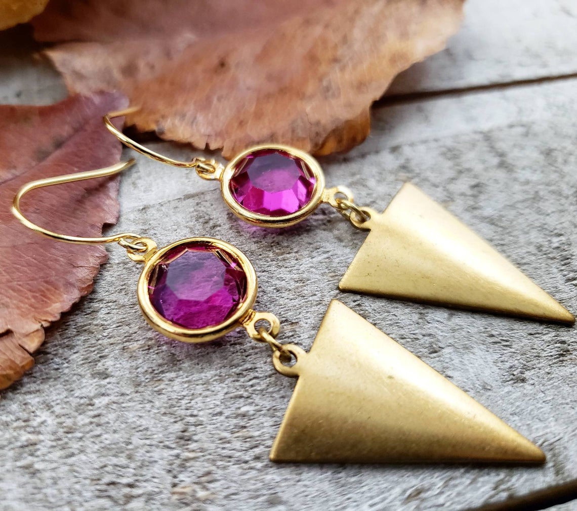 Brass triangle crystal earrings
