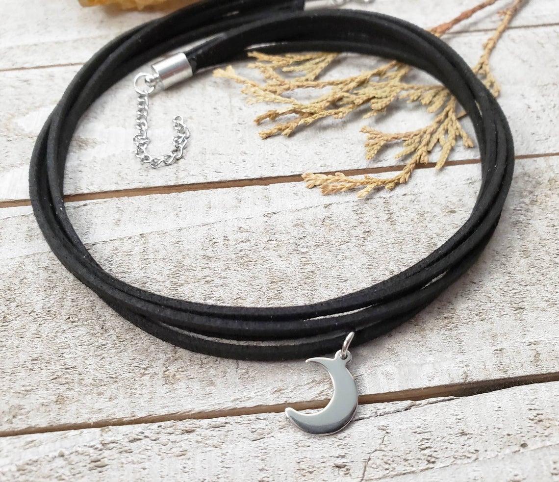 Moon charm black choker necklace