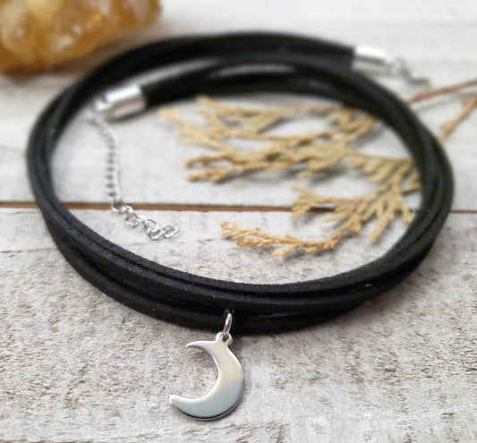 Moon charm black choker necklace