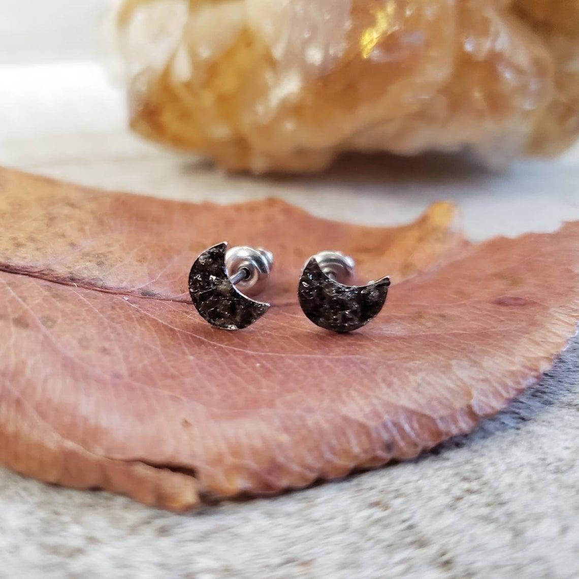 Obsidian moon stud earrings