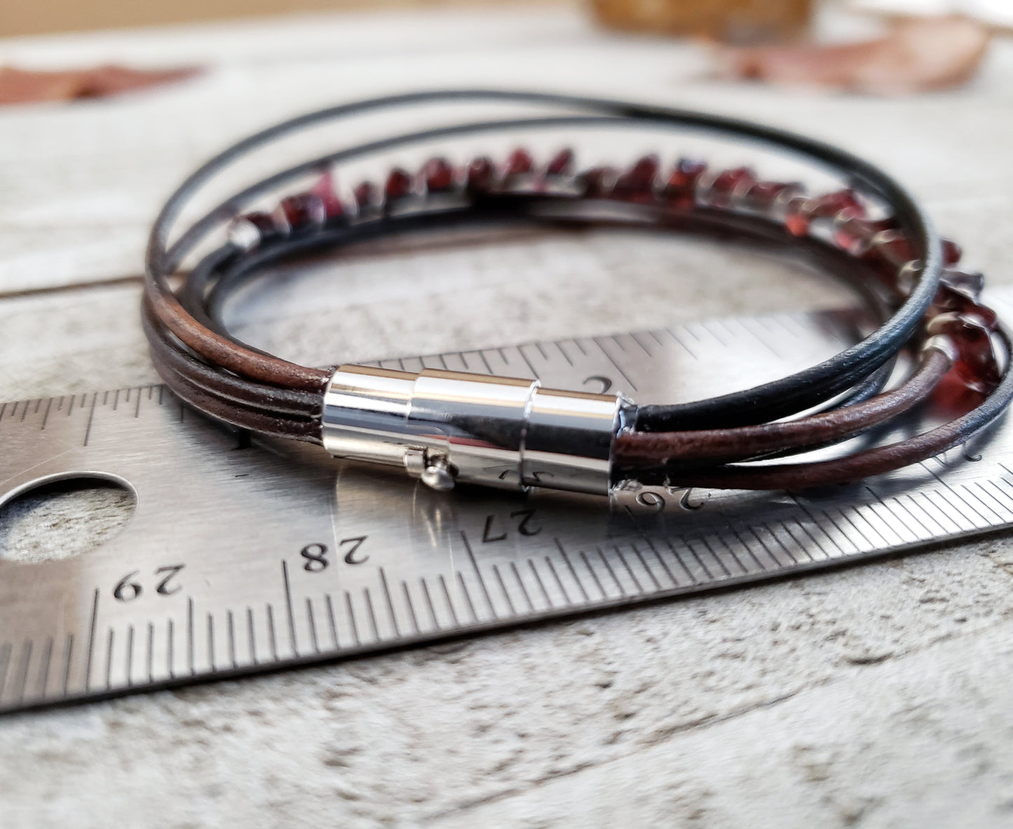 Garnet leather bracelet