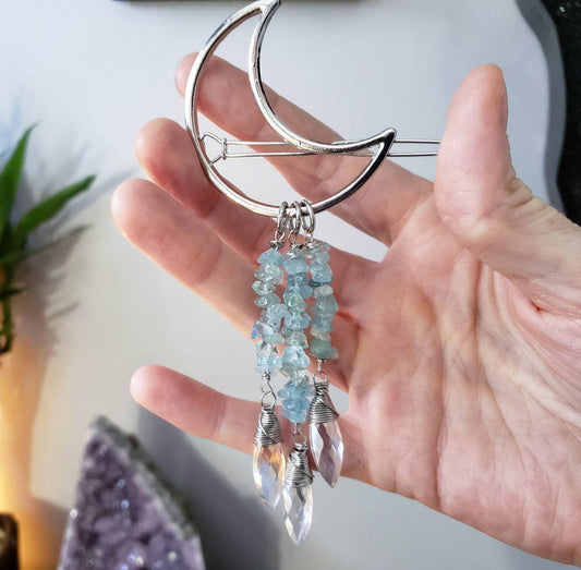 Aquamarine moon hair clip