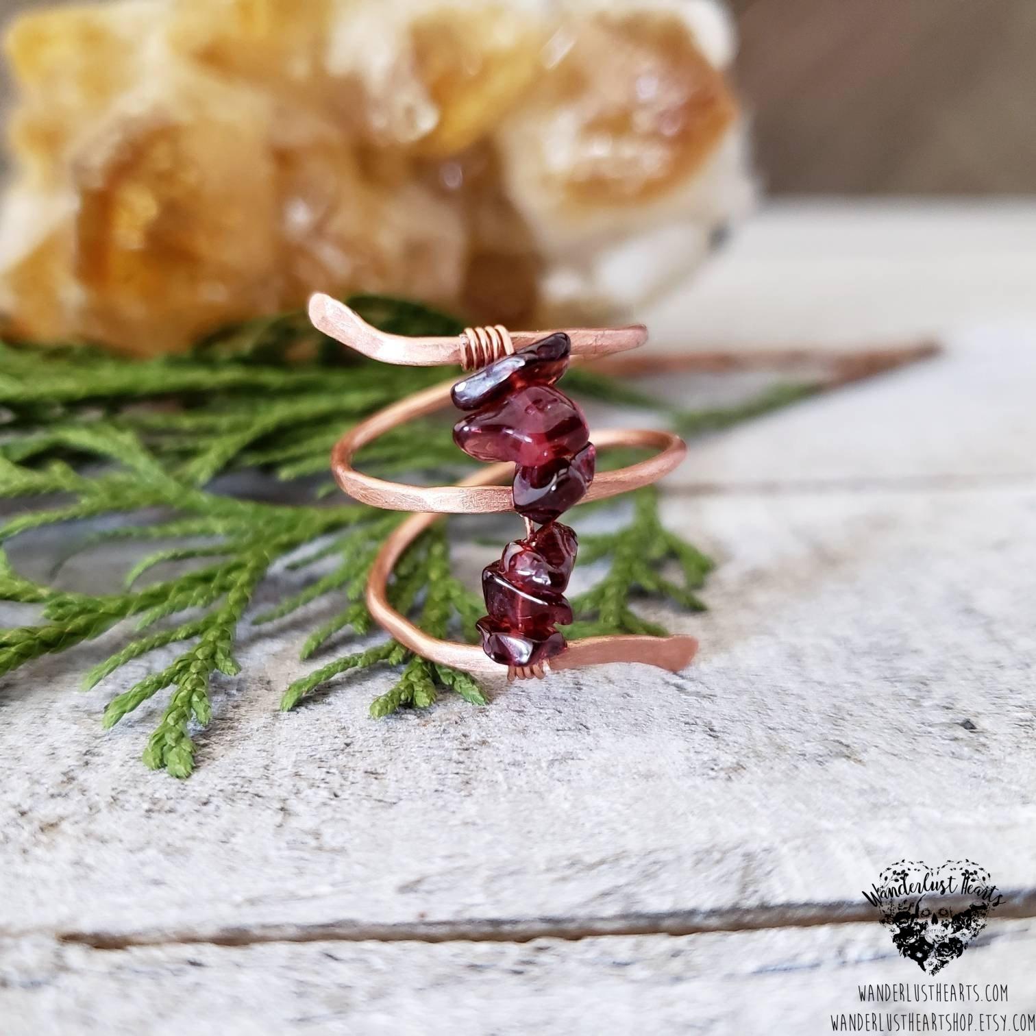 Boho copper wrap ring | Garnet gemstone beaded-Wanderlust Hearts