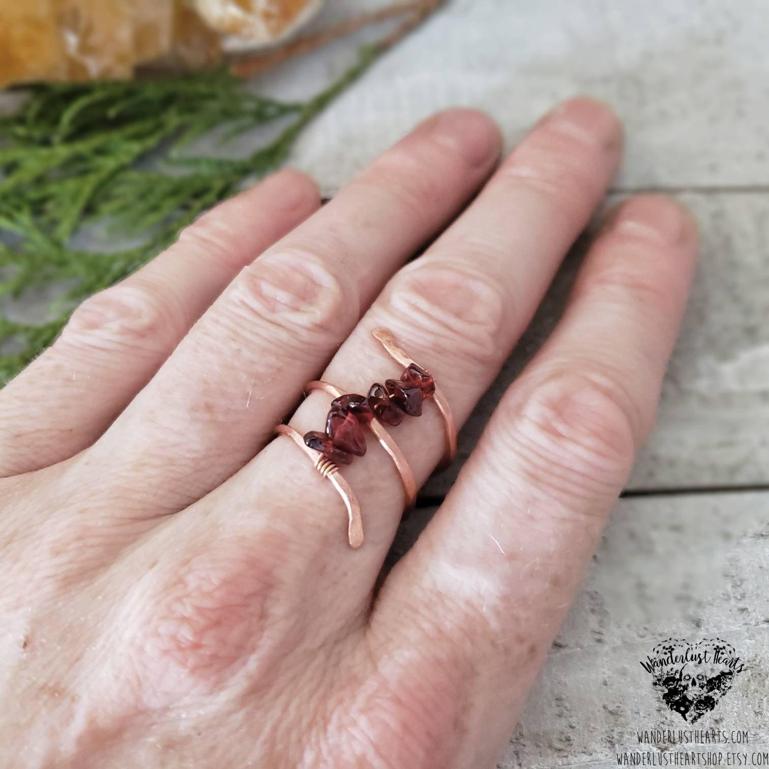 Boho copper wrap ring | Garnet gemstone beaded-Wanderlust Hearts