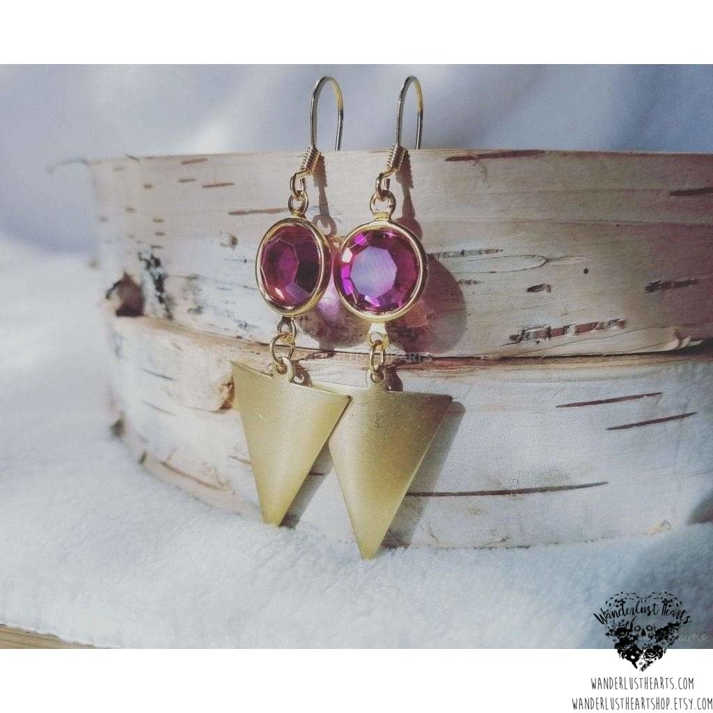 Boho gold triangle earrings | pink swarovski crystals-Wanderlust Hearts