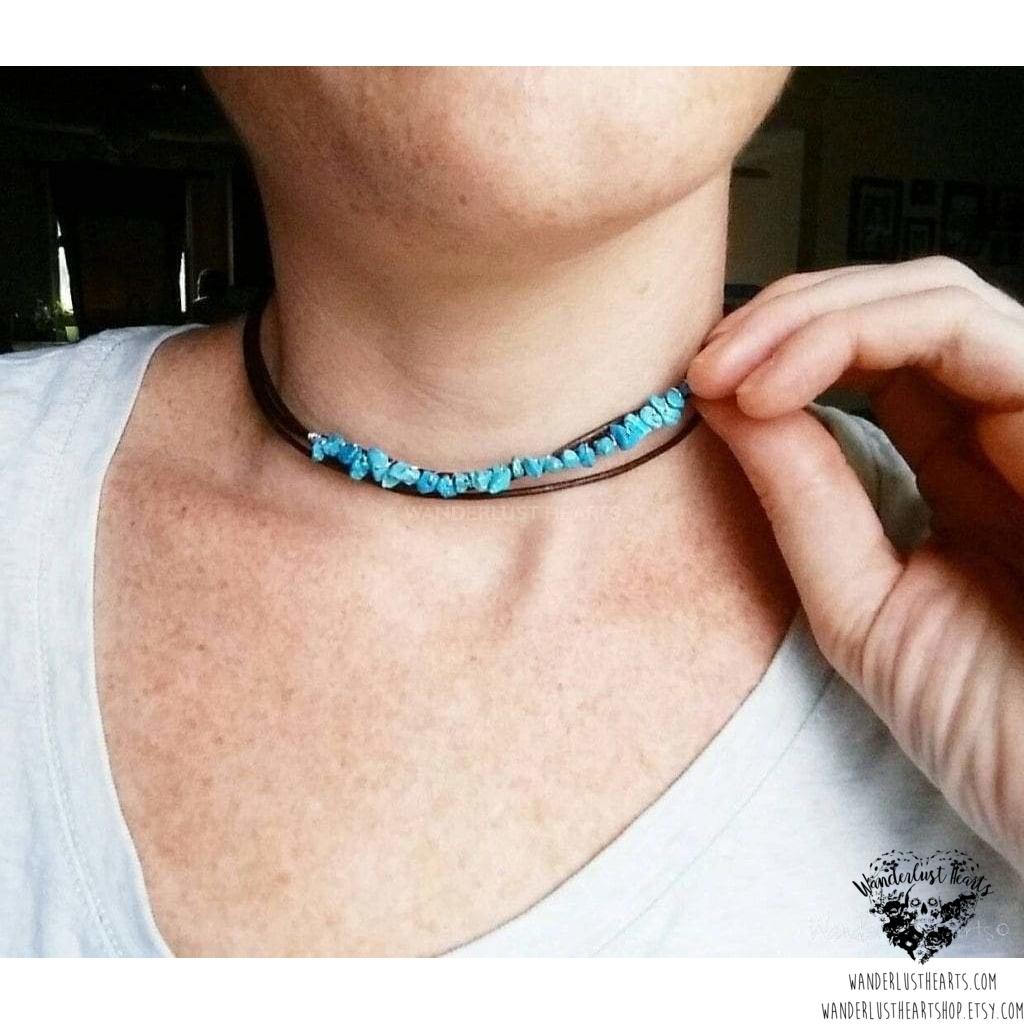 Boho leather choker necklace | Turquoise stone-Wanderlust Hearts