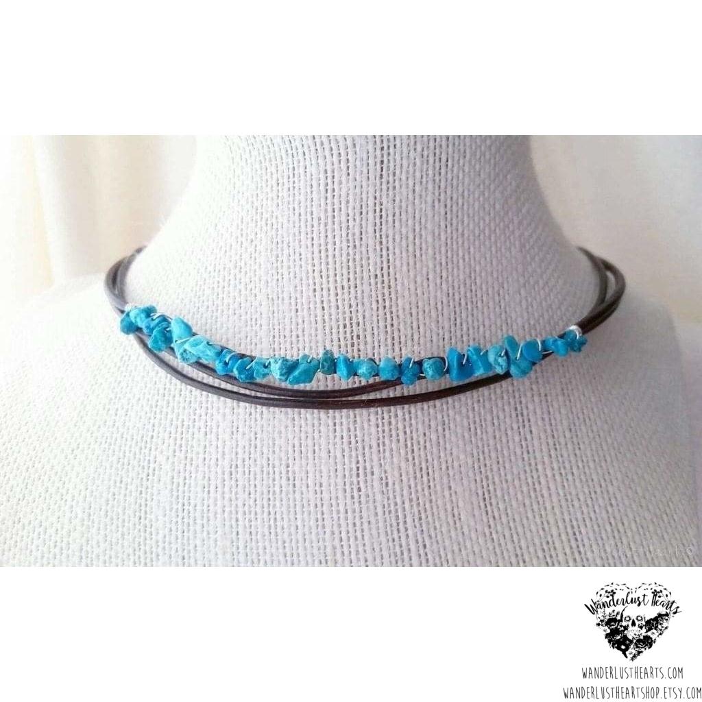 Boho leather choker necklace | Turquoise stone-Wanderlust Hearts