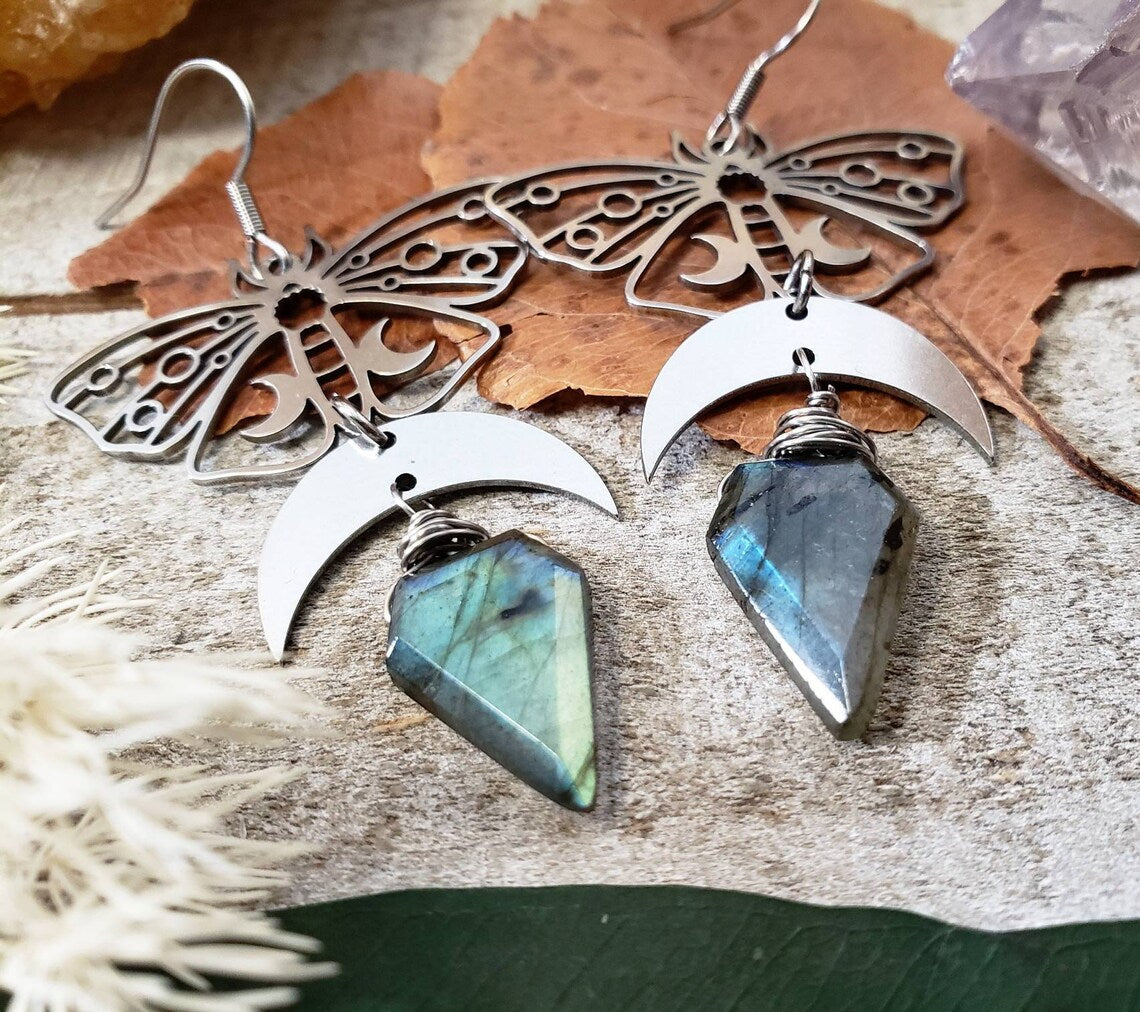 Luna moth labradorite earrings