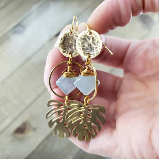 Tropical leaf Chalcedony earrings