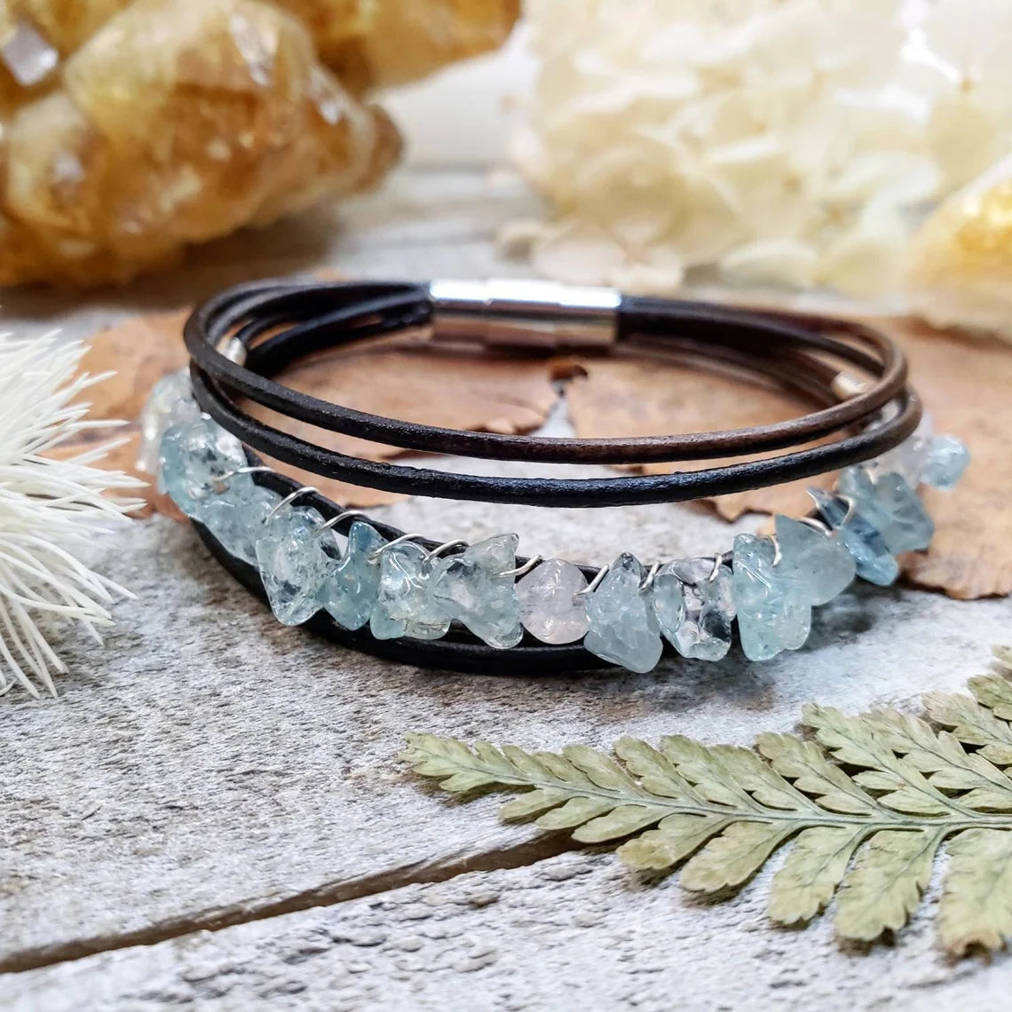 Aquamarine leather bracelet
