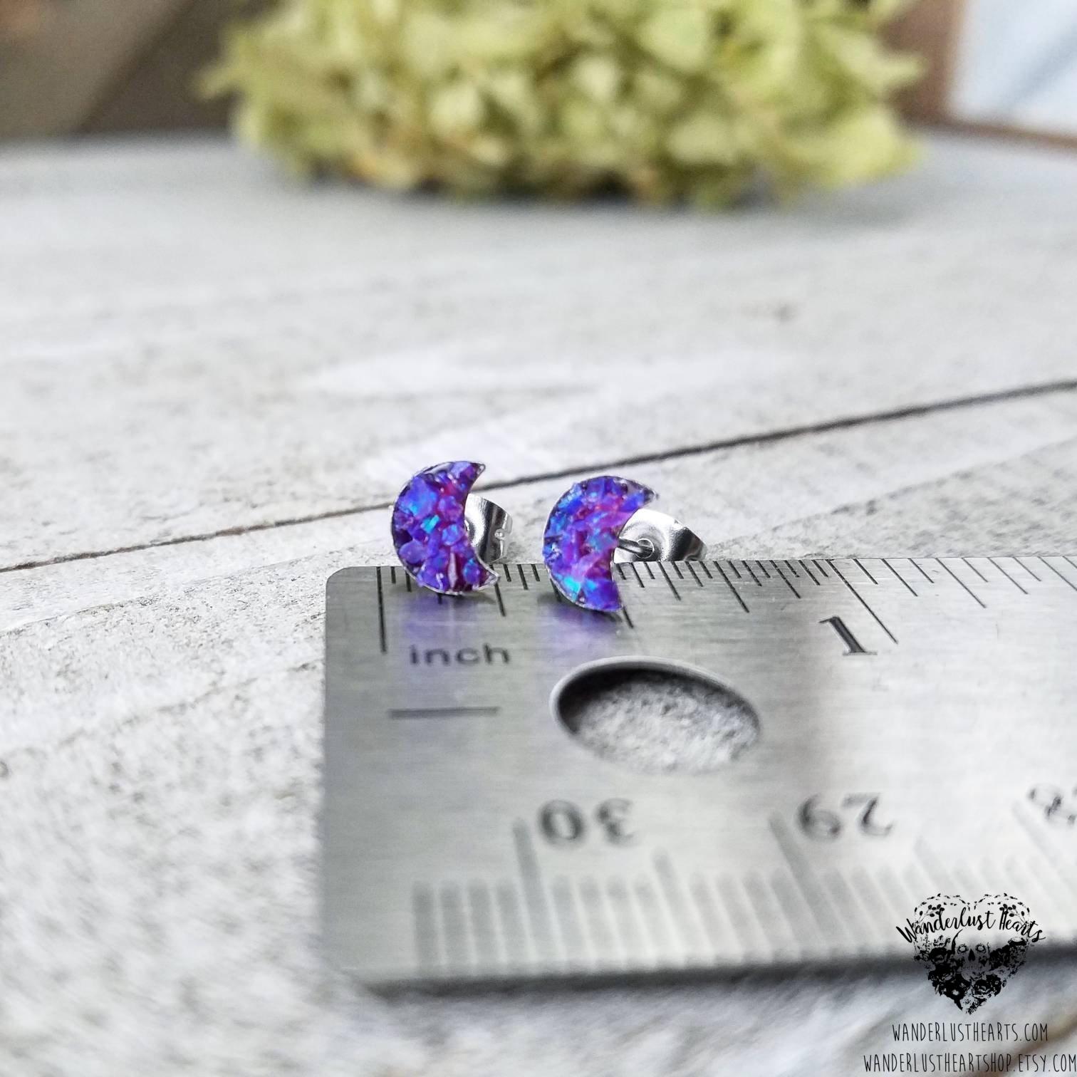 Lavender Opal moon stud earrings-Wanderlust Hearts