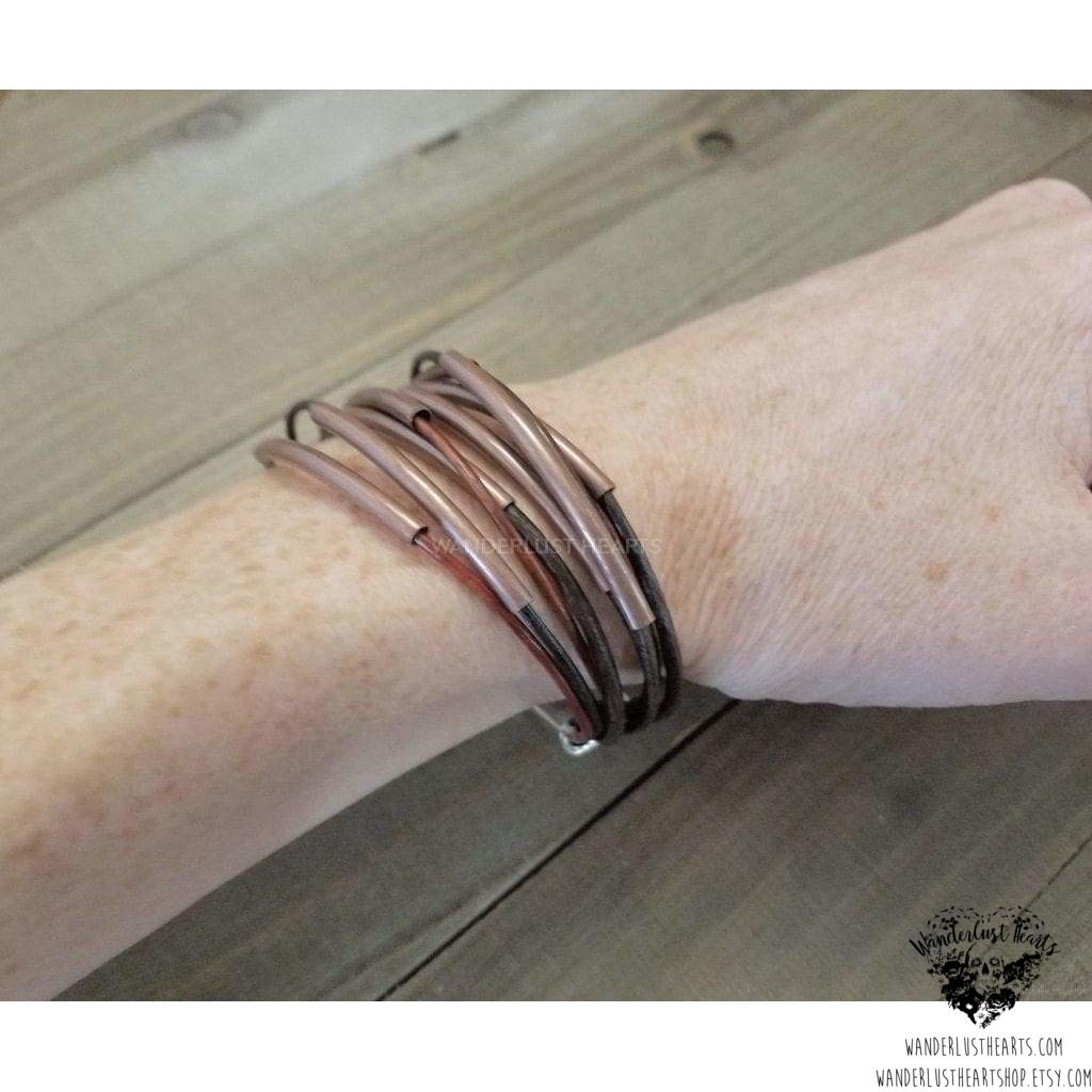 Layered leather bracelet | Copper tube accents-Wanderlust Hearts