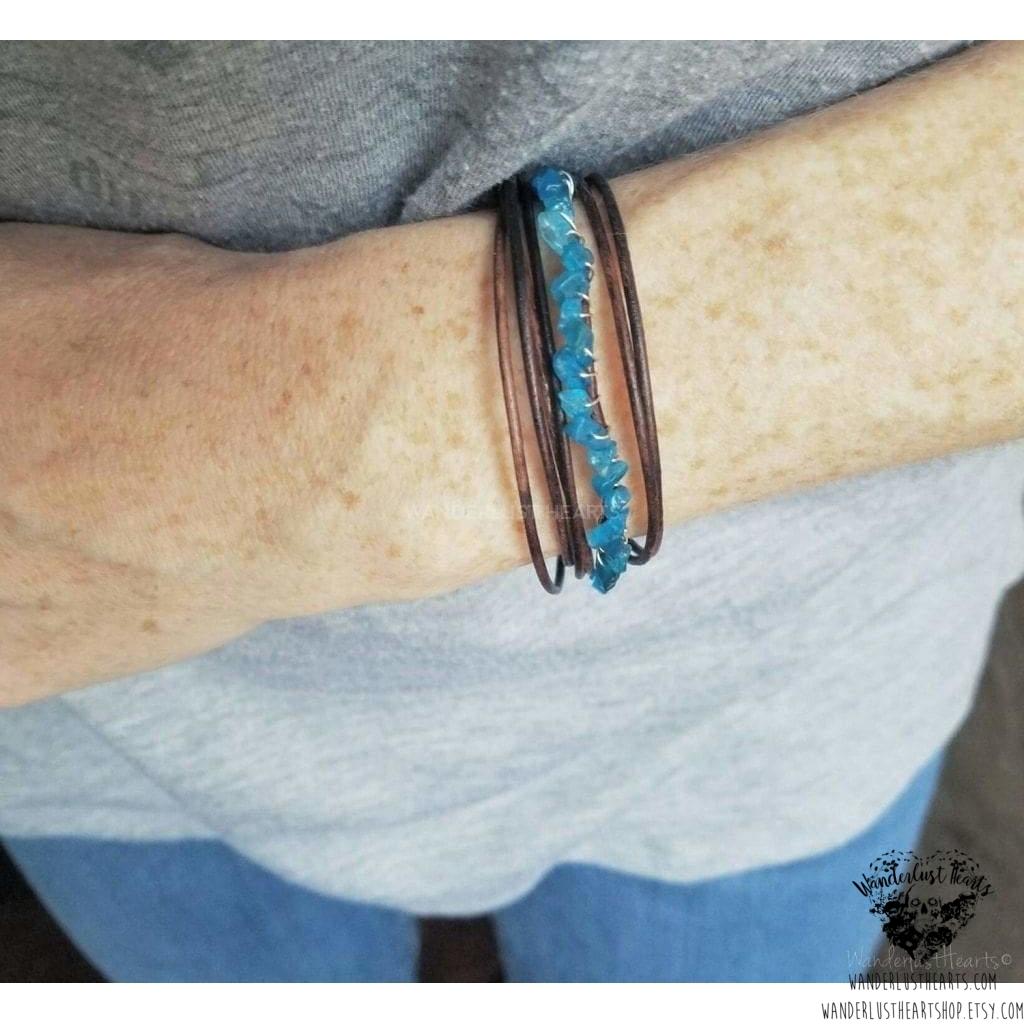 Leather wrap bracelet | Neon blue Apatite-Wanderlust Hearts