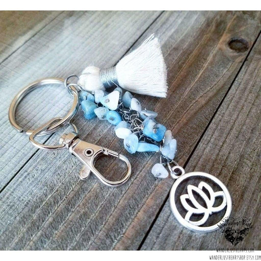 Lotus keychain | Aquamarine gemstones-Wanderlust Hearts