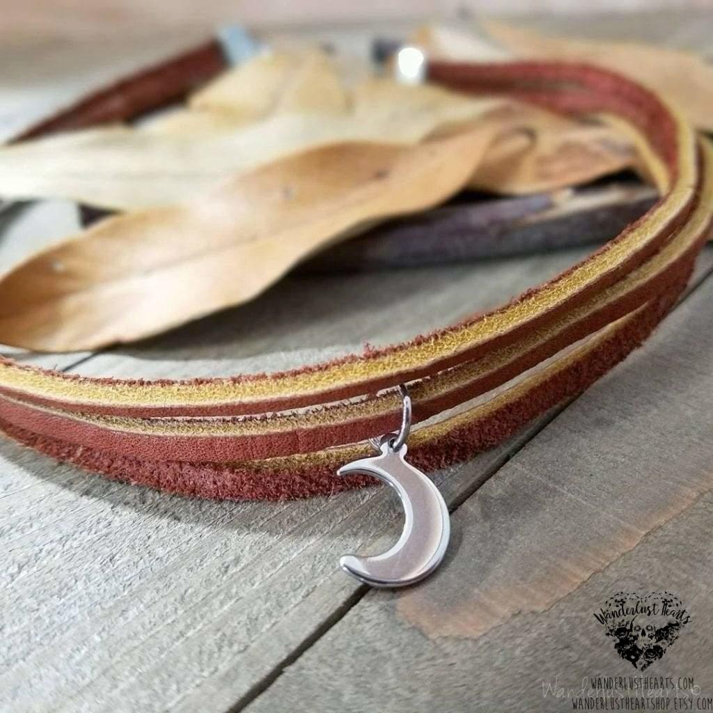 Moon choker necklace | Hand cut brown leather-Wanderlust Hearts