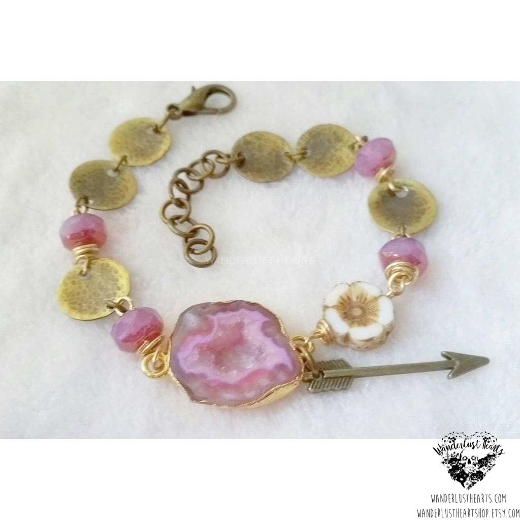 Pink Druzy bracelet | Hammered brass-Wanderlust Hearts