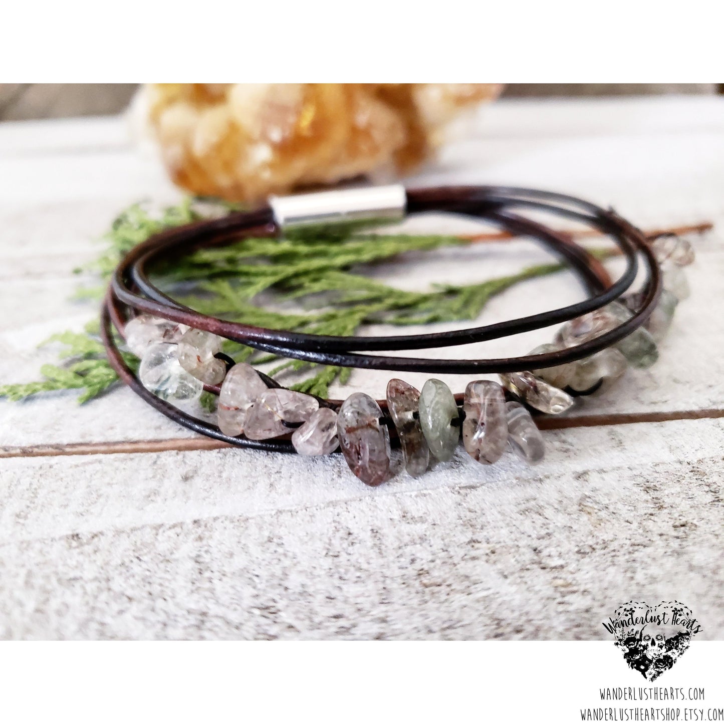 Rutilated quartz leather bracelet-Wanderlust Hearts