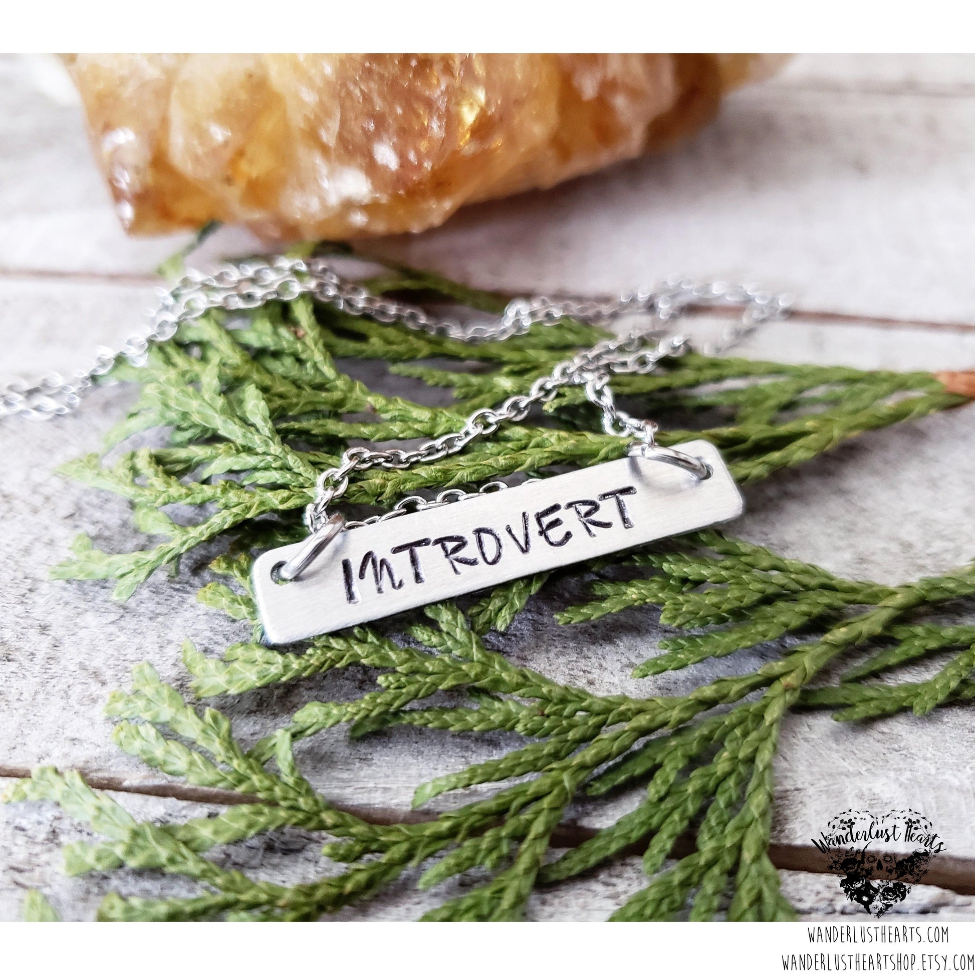 Stamped silver Introvert bar necklace-Wanderlust Hearts