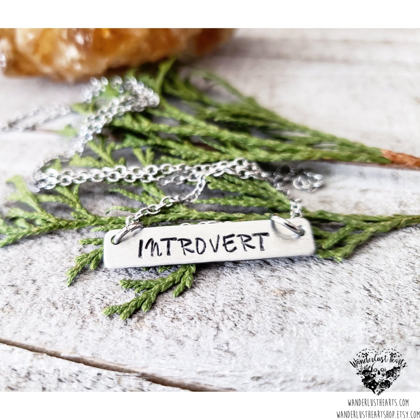 Stamped silver Introvert bar necklace-Wanderlust Hearts