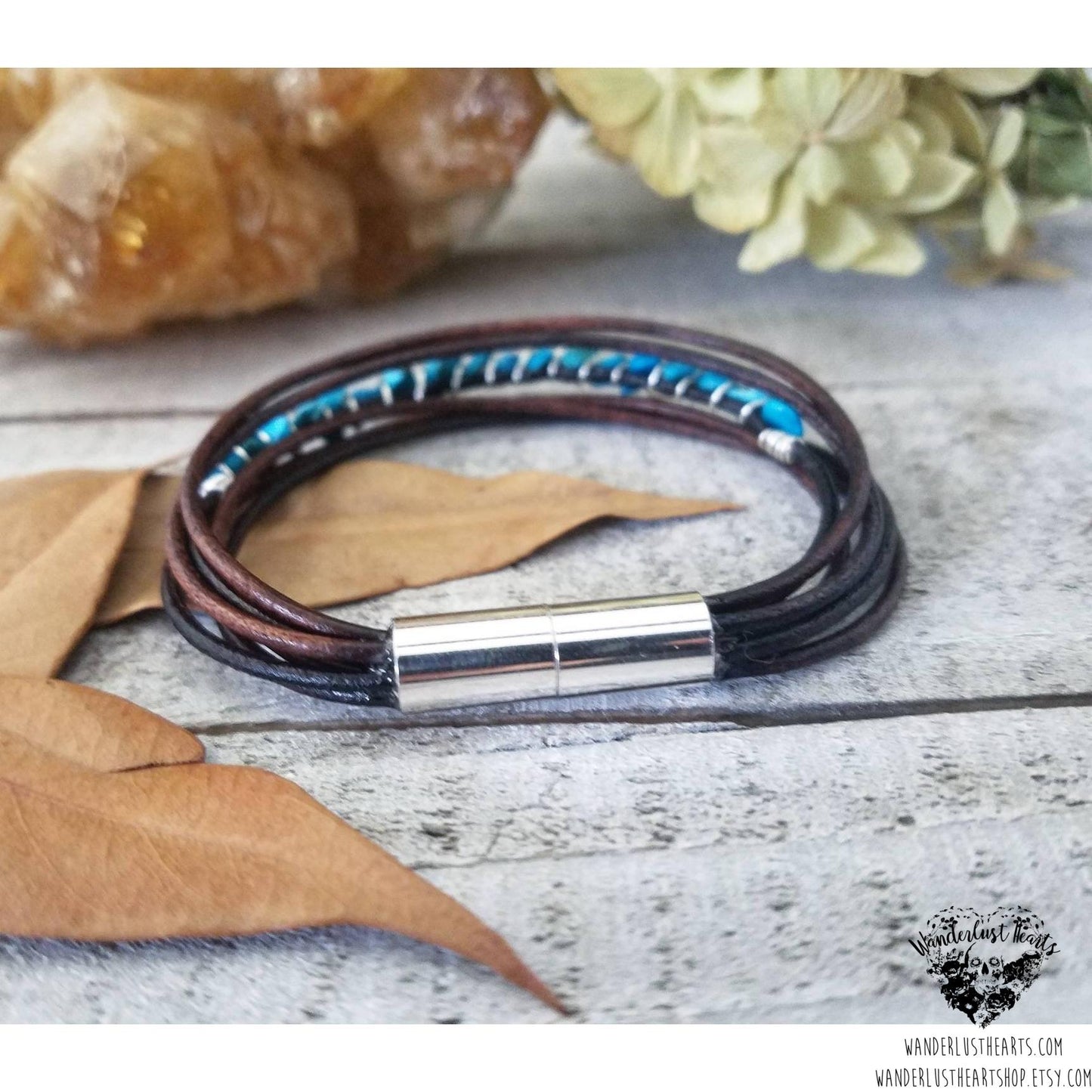 Turquoise leather layer bracelet-Wanderlust Hearts